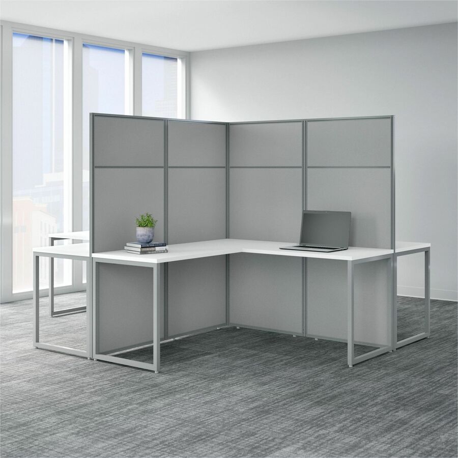 Bush Business Furniture Easy Office 60W 4 Person L Shaped Cubicle Desk Workstation with 66H Panels, Pure White/Silver Gray, Set of 4 Desks, 4 Returns, 4 Panels