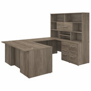 Bush Business Furniture Office 500 Collection Desk Set, U-Shaped, 70.1"H x 71"W x 100.4"L, 5 Drawers, Modern Hickory Thermofused Laminate, Includes Executive Desk, Credenza, Bridge, 3-Drawer and 2-Drawer File Cabinets, Hutch, 1 Each