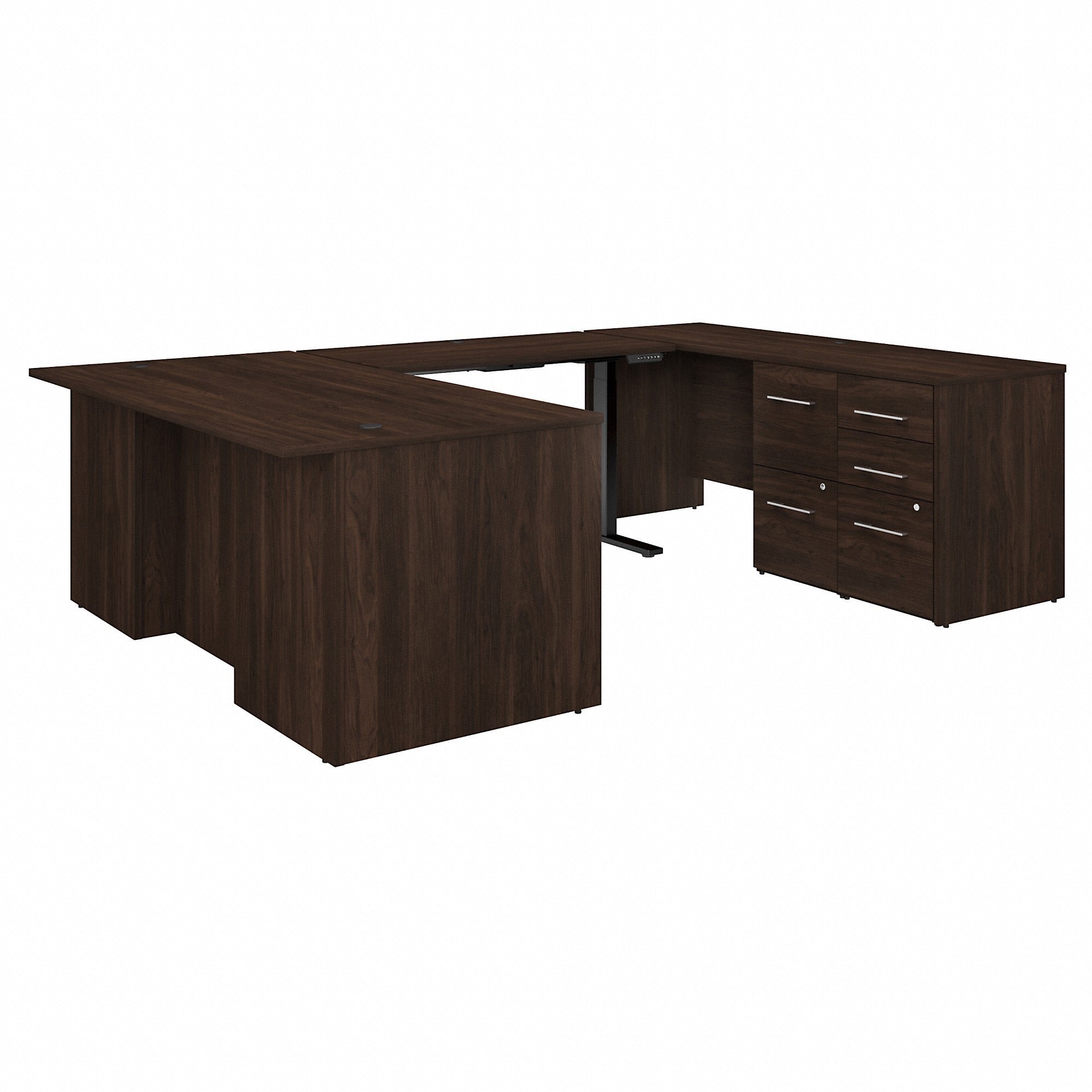 Bush Business Furniture Office 500 Black Walnut Desk Set, U-Shaped, Height Adjustable, 5 Drawers, 29.8"H x 71"W x 108.4"L, Includes 1 Executive Desk, 1 Credenza Desk, 1 Standing Desk Bridge, 1 3-Drawer and 1 2-Drawer File Cabinet