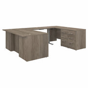 Bush Business Furniture Office 500 Collection Desk, U-shaped, 29.8"H x 71"W x 108.4"L, 5 Drawers, Modern Hickory Thermofused Laminate, Height Adjustable, Includes 1 Executive Desk, 1 Credenza, 1 Standing Desk Bridge, 2 File Cabinets, 1 Each