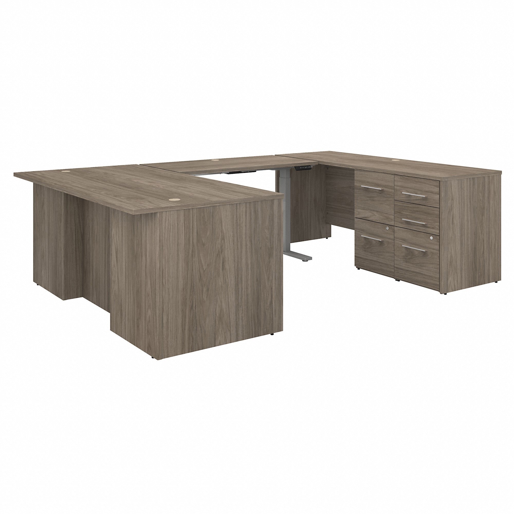Bush Business Furniture Office 500 Collection Desk, U-shaped, 29.8"H x 71"W x 108.4"L, 5 Drawers, Modern Hickory Thermofused Laminate, Height Adjustable, Includes 1 Executive Desk, 1 Credenza, 1 Standing Desk Bridge, 2 File Cabinets, 1 Each