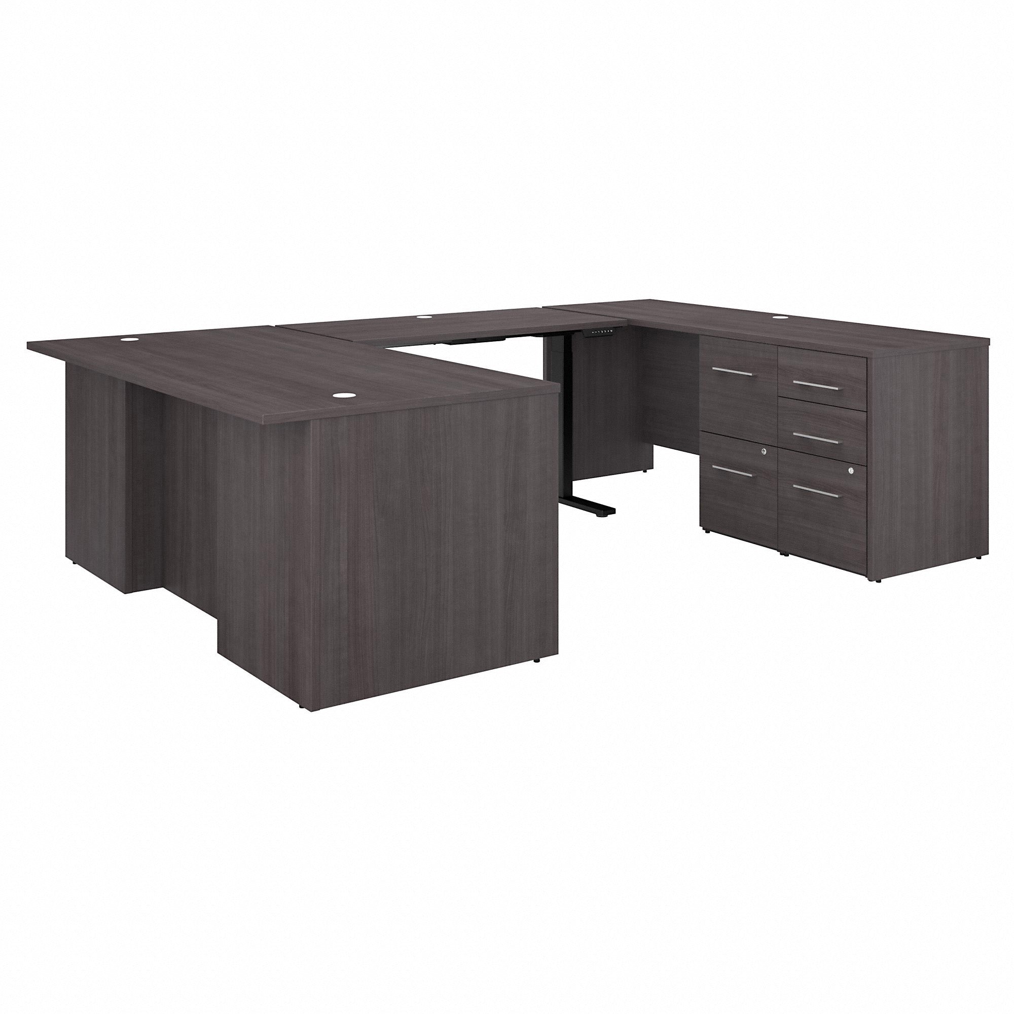 Bush Business Furniture Office 500 Storm Gray U-Shaped Desk Set, 29.8"H x 71"W x 108.4"L, 5 Drawers, Height Adjustable, Includes 1 Executive Desk, 1 Credenza Desk, 1 Standing Desk Bridge, 1 3-Drawer and 1 2-Drawer File Cabinet