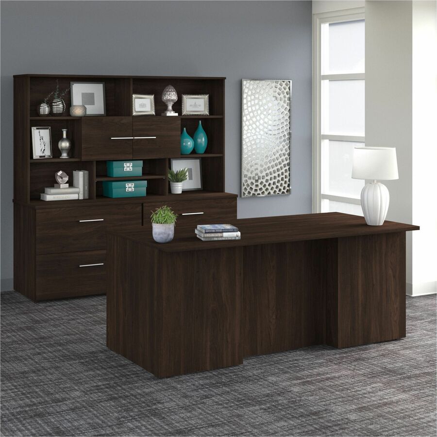 Bush Business Furniture Office 500 Black Walnut Desk Set, 70.1"H x 71"W x 29.4"L, 2 Drawers, 5 Shelves, Height Adjustable, Includes 1 Desk, 1 Storage Cabinet, 1 Bookcase, Black Walnut Finish, 1 Each