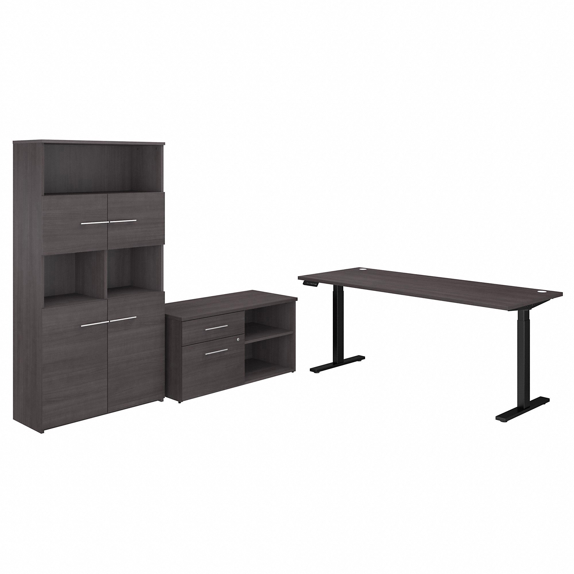 Bush Business Furniture Office 500 Storm Gray Desk Set, Includes 1 Height Adjustable Desk, 1 Low Storage Cabinet with 2 Drawers and 2 Shelves, 1 Five-Shelf Bookcase, 70.1"H x 71"W x 29.4"L, Storm Gray, 1 Each