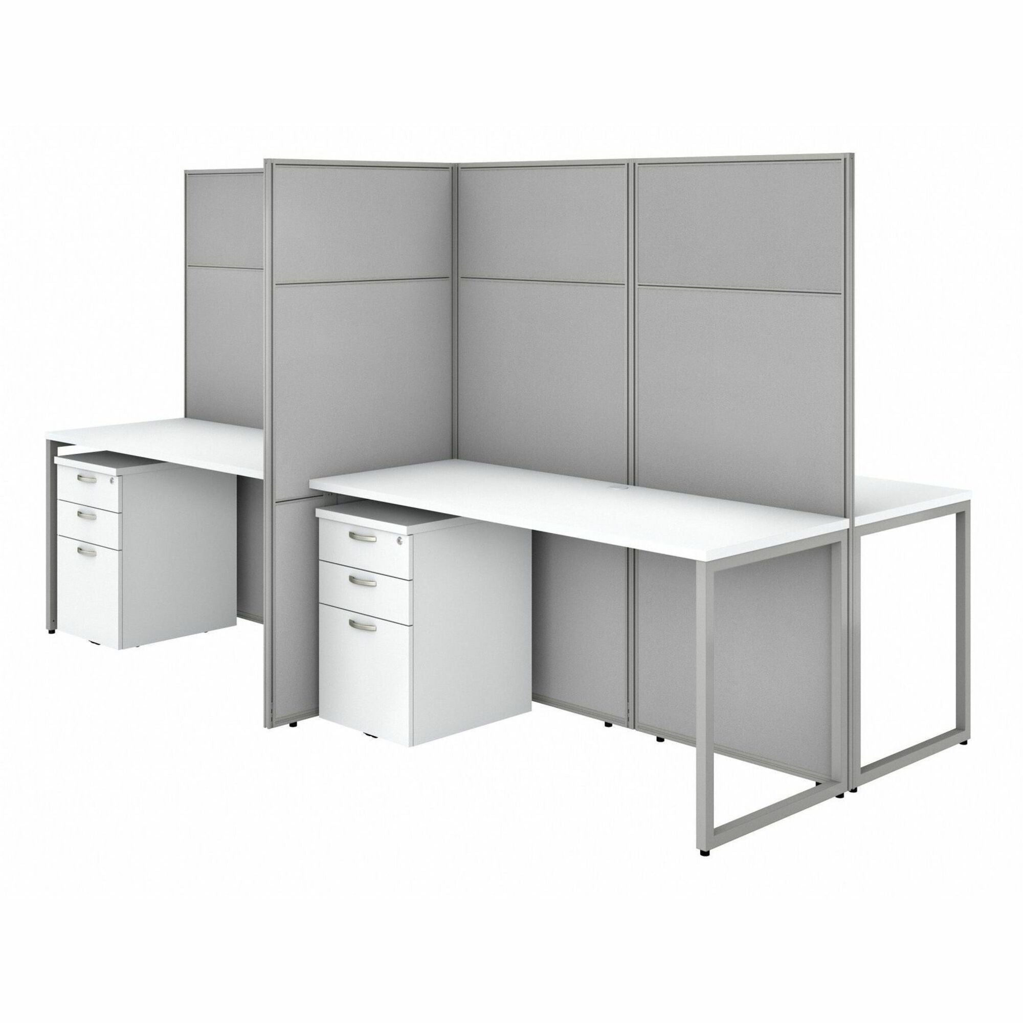 Bush Business Furniture Easy Office 60W 4 Person Cubicle Desk Set with 4 Desks, 4 Mobile File Cabinets, and 3 66"H Panels, Pure White/Silver Gray, 1 Each