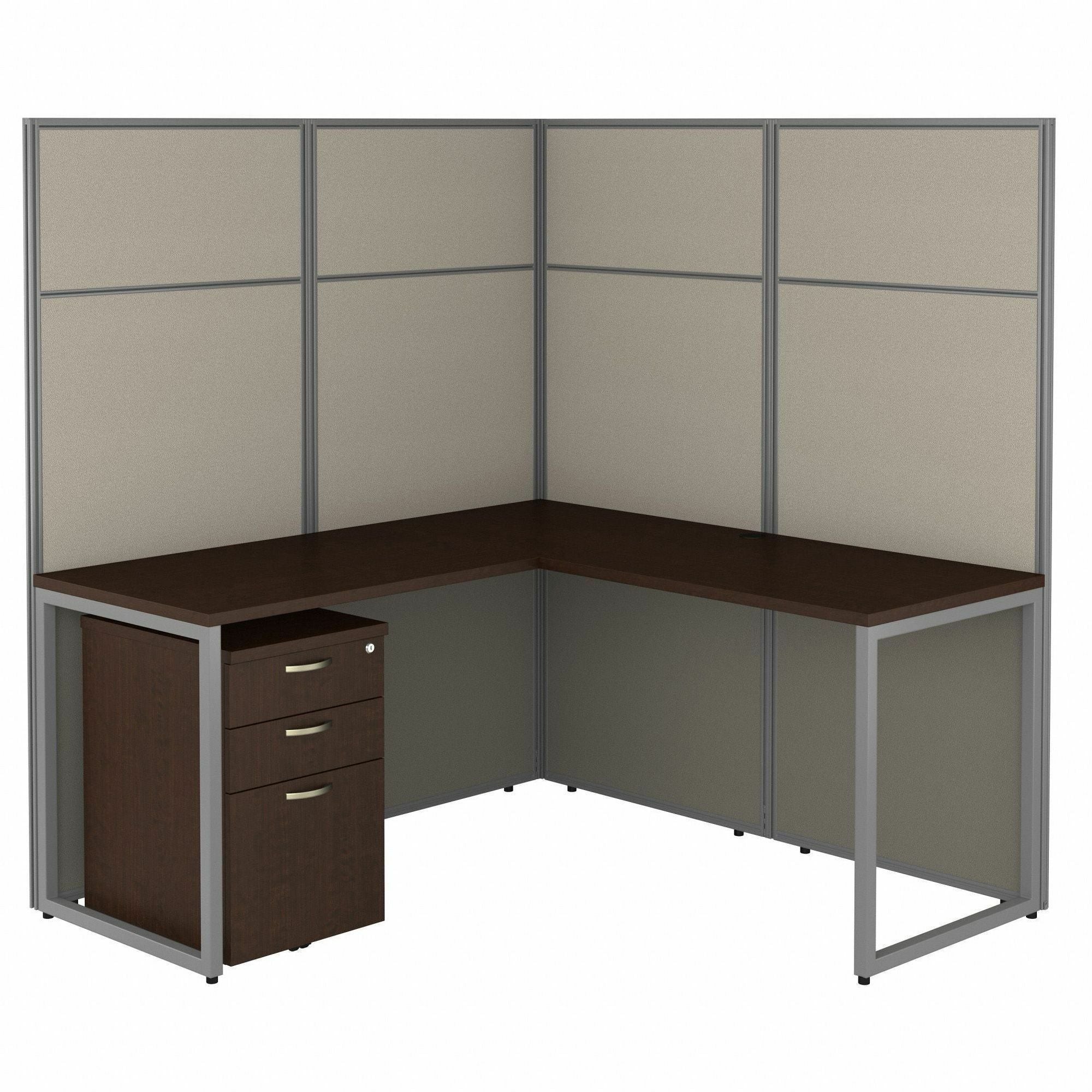 Bush Business Furniture Easy Office 60W L Shaped Cubicle Desk with 3-Drawer File Cabinet and Two 66H Panels, Mocha Cherry, 1 Each