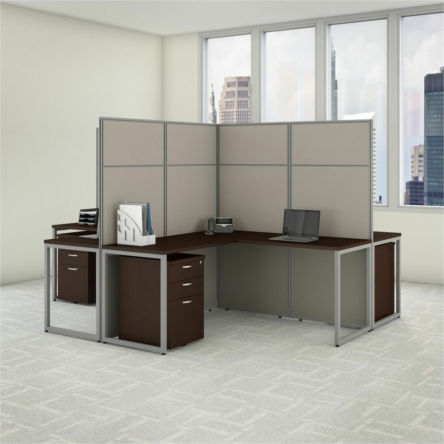 Bush Business Furniture Easy Office 60W 2 Person L Shaped Cubicle Desk Workstation with 66H Panels, Mocha Cherry, 1 Each, includes 2 desks, 2 returns, 3 panels with connectors, thermofused laminate, metal, fabric