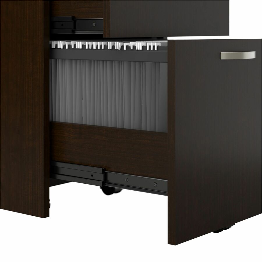 Bush Business Furniture Easy Office 4 Person L Shaped Cubicle Desk Set, 60"W Desks, 36"W Returns, 66"H Panels, 12 Drawers, Mocha Cherry, Includes 4 Mobile File Cabinets