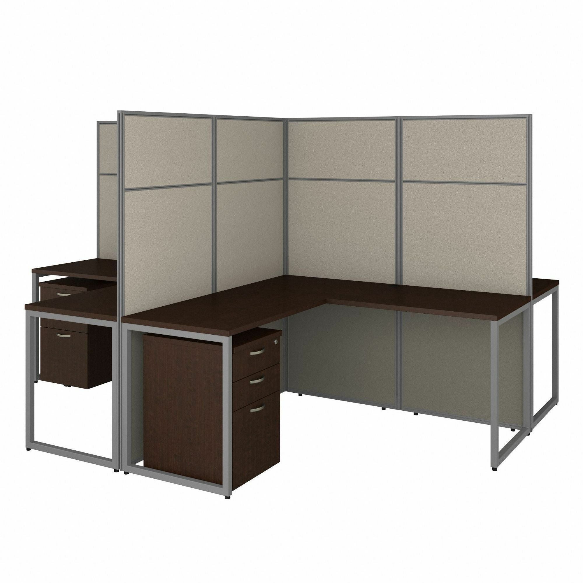 Bush Business Furniture Easy Office 4 Person L Shaped Cubicle Desk Set, 60"W Desks, 36"W Returns, 66"H Panels, 12 Drawers, Mocha Cherry, Includes 4 Mobile File Cabinets