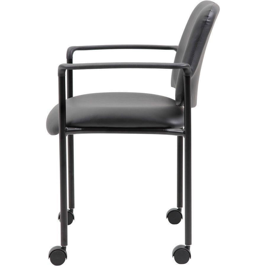 Boss Diamond Stacking Chair, Black Vinyl, Tubular Steel Frame, Four-Legged Base with Armrests and Casters, 1 Each