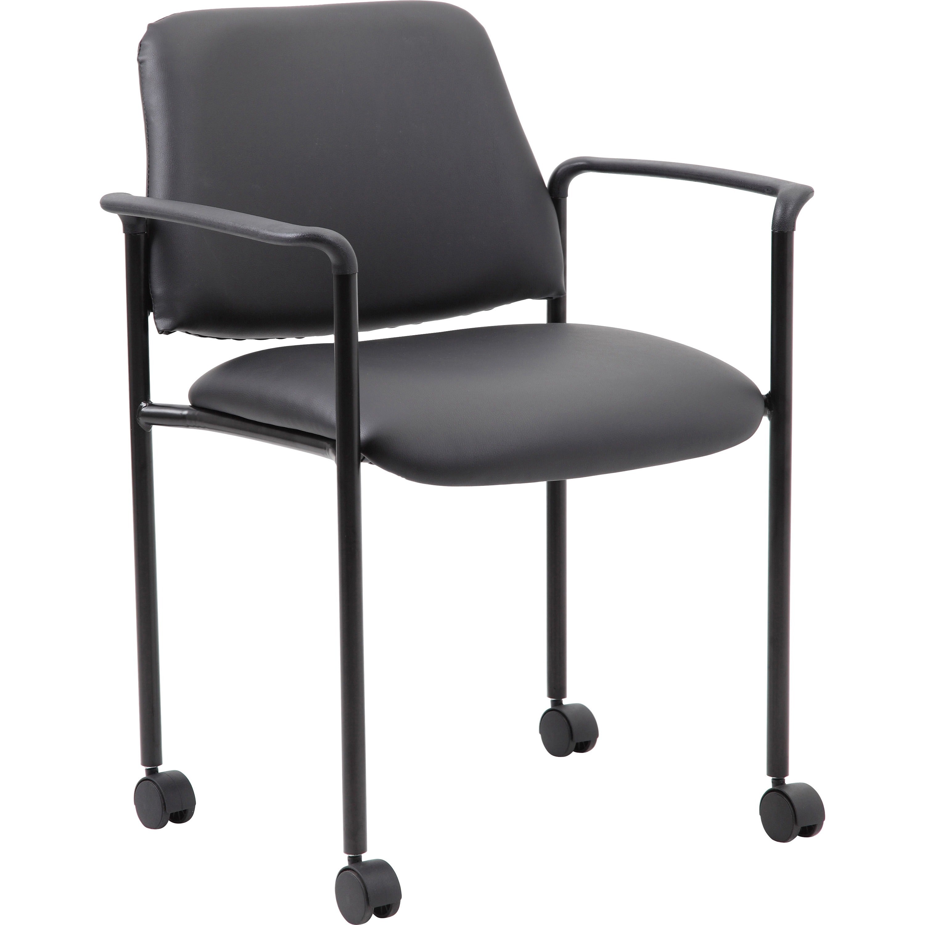 Boss Diamond Stacking Chair, Black Vinyl, Tubular Steel Frame, Four-Legged Base with Armrests and Casters, 1 Each