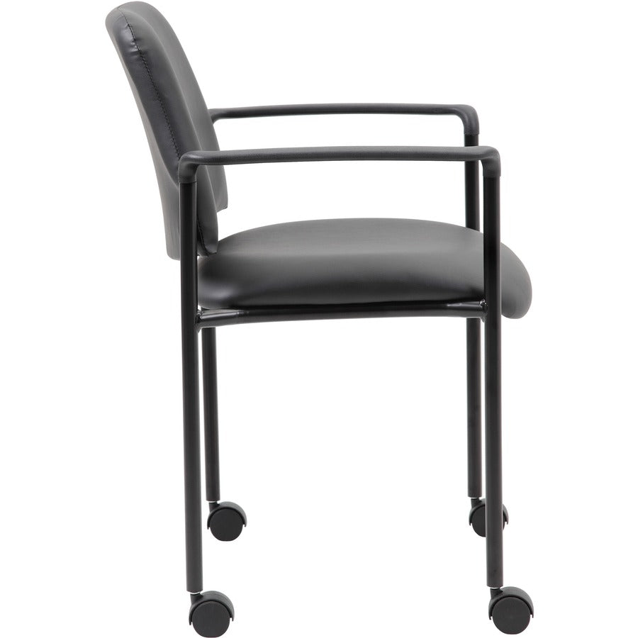 Boss Diamond Stacking Chair, Black Vinyl, Tubular Steel Frame, Four-Legged Base with Armrests and Casters, 1 Each