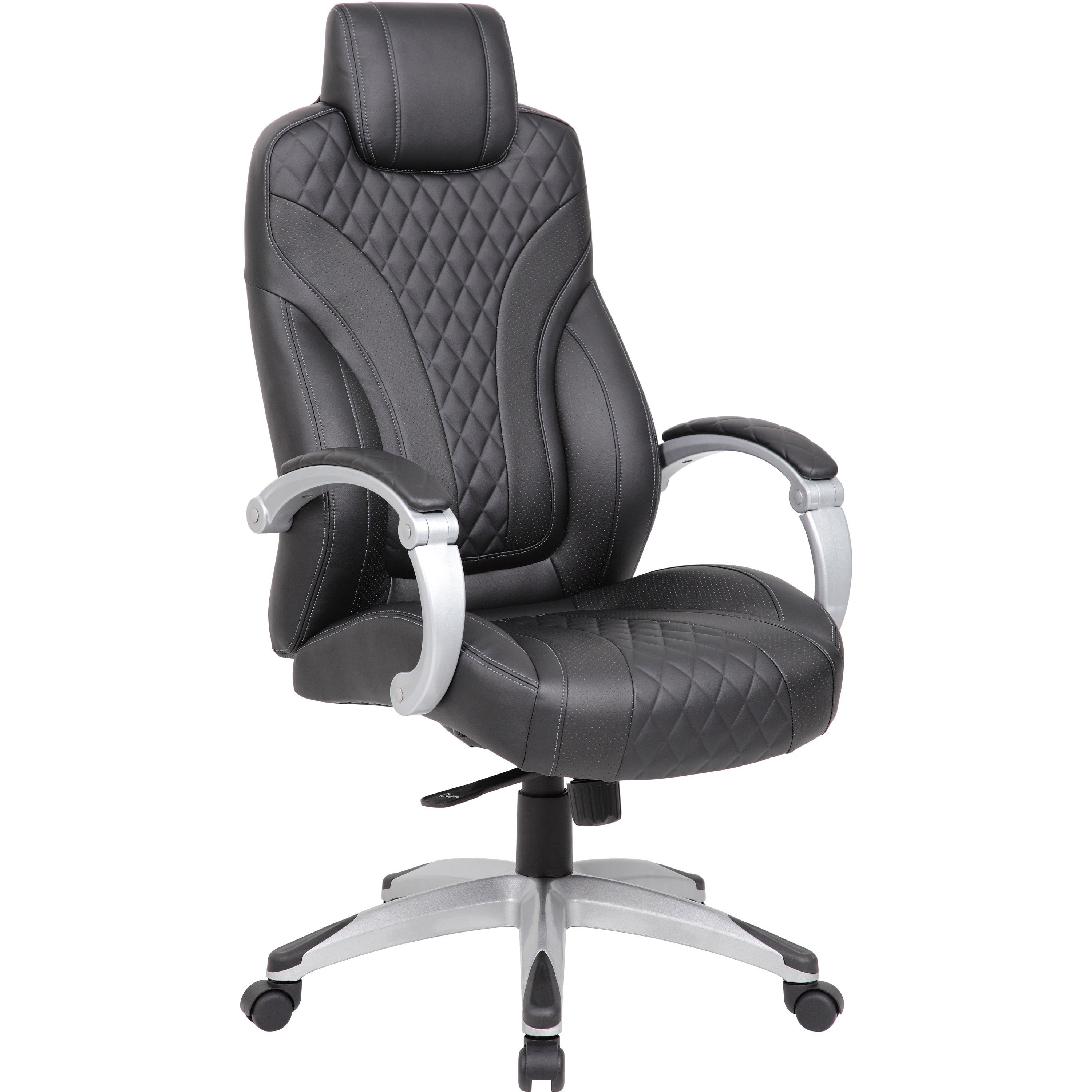 Boss Hinged Arm Executive Chair, Black Vinyl Seat and Back, 5-Star Base, Armrest, Adjustable Seat Height, Lockable Tilt, Dual Wheel Casters, 1 Each