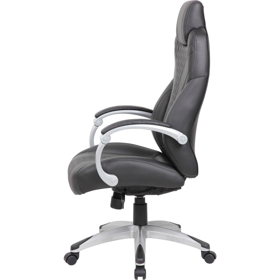 Boss Hinged Arm Executive Chair, Black Vinyl Seat and Back, 5-Star Base, Armrest, Adjustable Seat Height, Lockable Tilt, Dual Wheel Casters, 1 Each