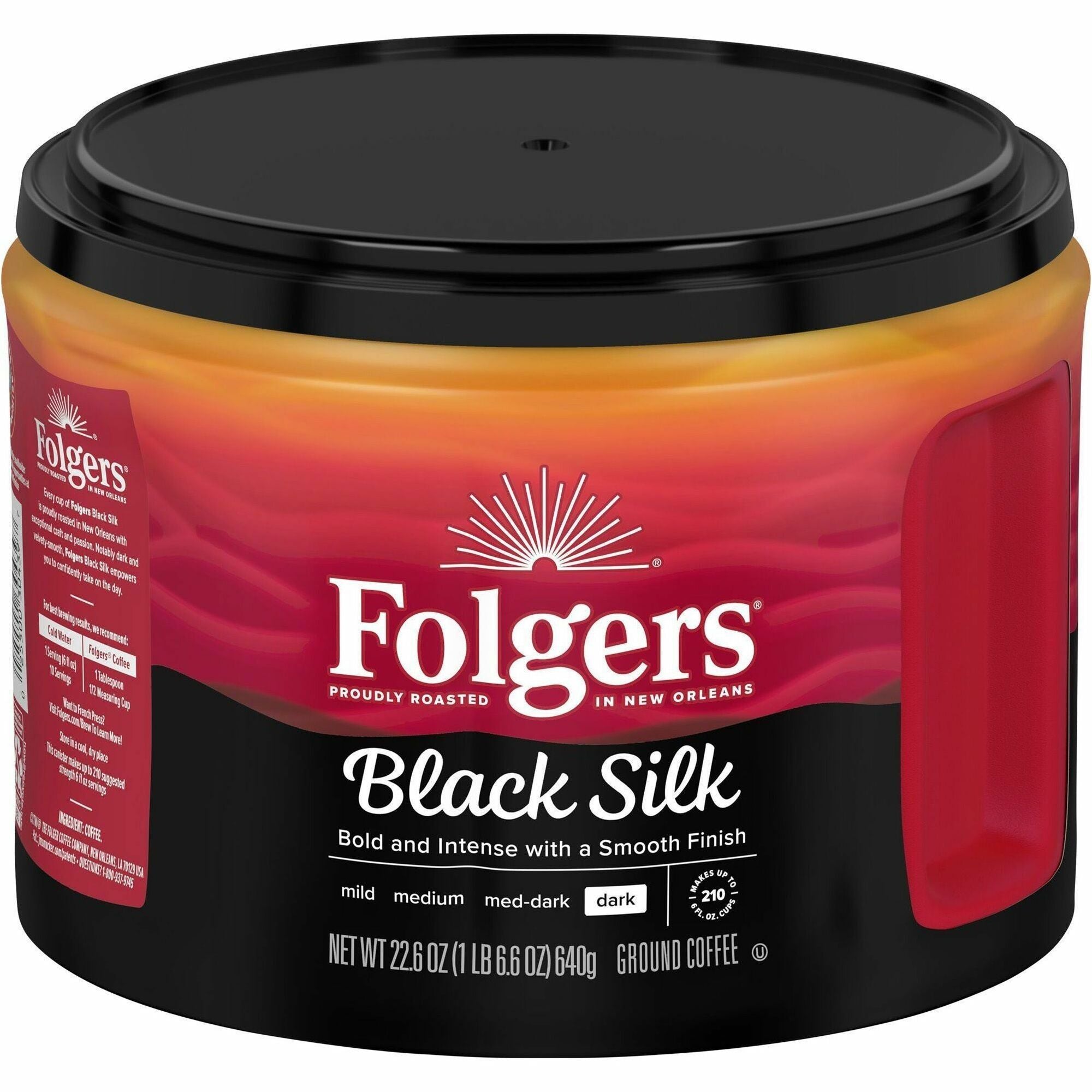 Folgers Ground Black Silk Coffee, Dark Roast, 22.6 oz Canister, Ground, 1 Each
