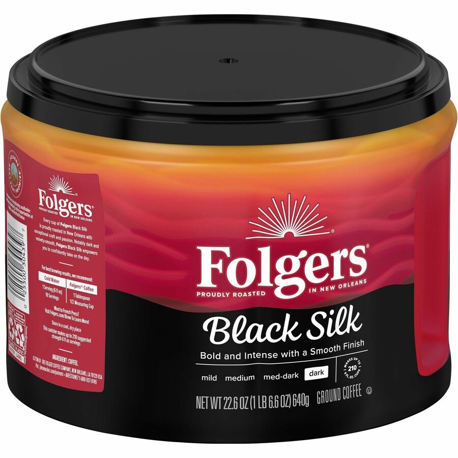 Folgers Ground Black Silk Coffee, Dark Roast, 22.6 oz Canister, Ground, 1 Each
