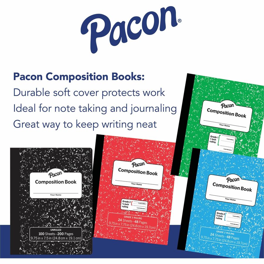 Pacon Composition Book, 24 Sheets, 48 Pages, 9.8" x 7.5", Blue Marble Durable Soft Cover, 1 Each