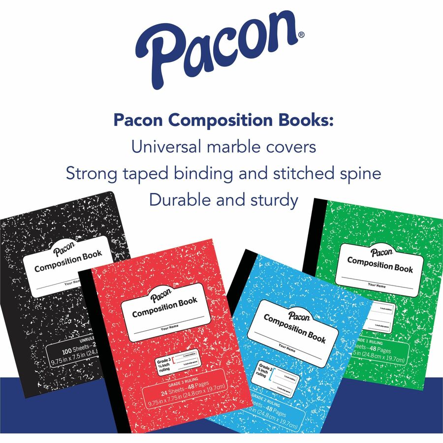 Pacon Composition Book, 24 Sheets, 48 Pages, 9.8" x 7.5", Blue Marble Durable Soft Cover, 1 Each