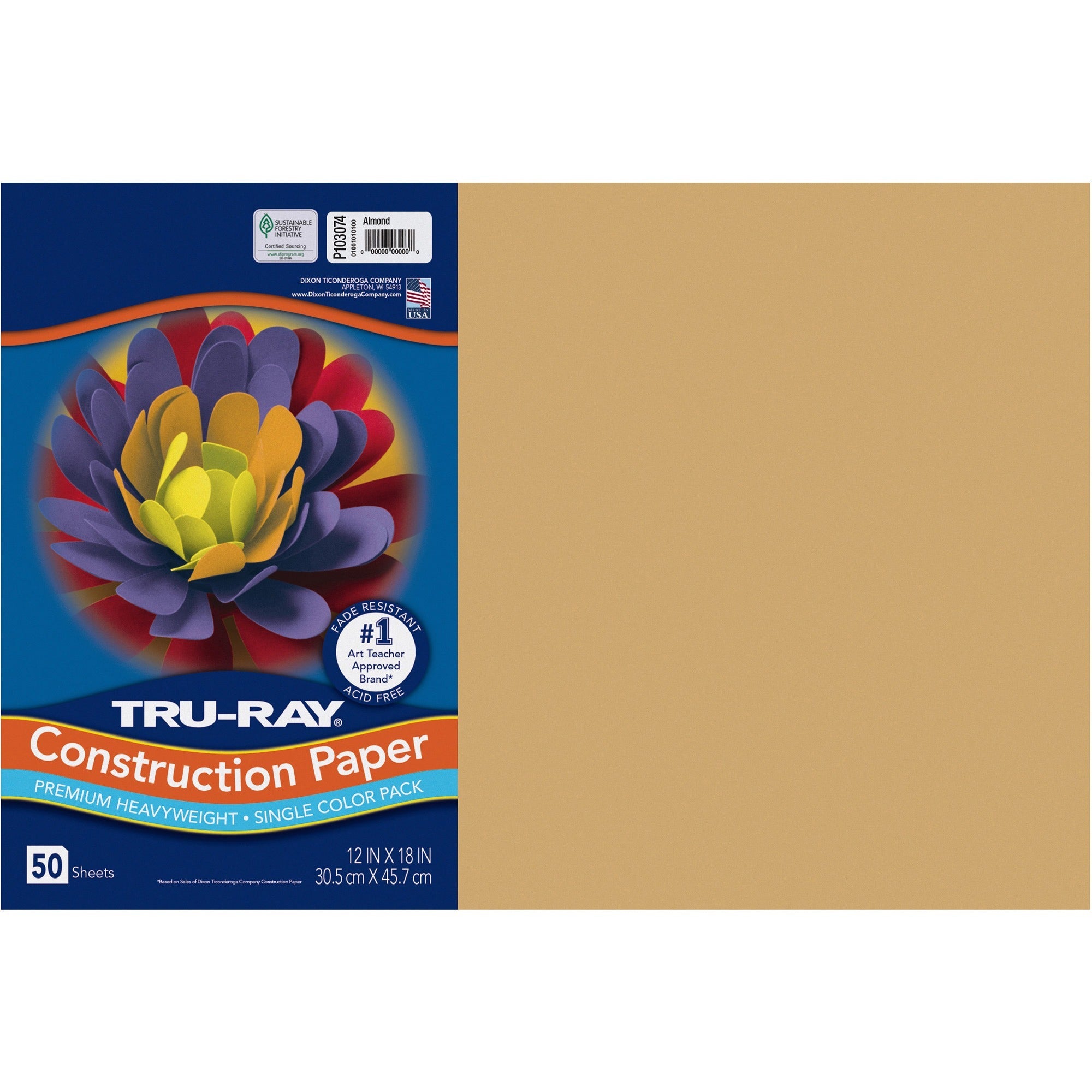Tru-Ray Construction Paper, Almond, 12" x 18", 76 lb, Heavyweight, Acid-Free, Fade Resistant, Recyclable, 50 Sheets per Pack
