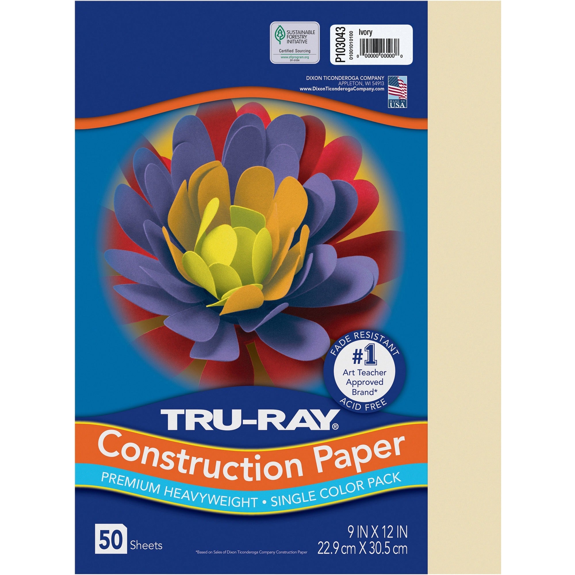 Tru-Ray Construction Paper, 9" x 12", 76 lb, Ivory, Fiber/Sulphite, Heavyweight, Acid-Free, Fade Resistant, Recyclable, 50 Sheets per Pack