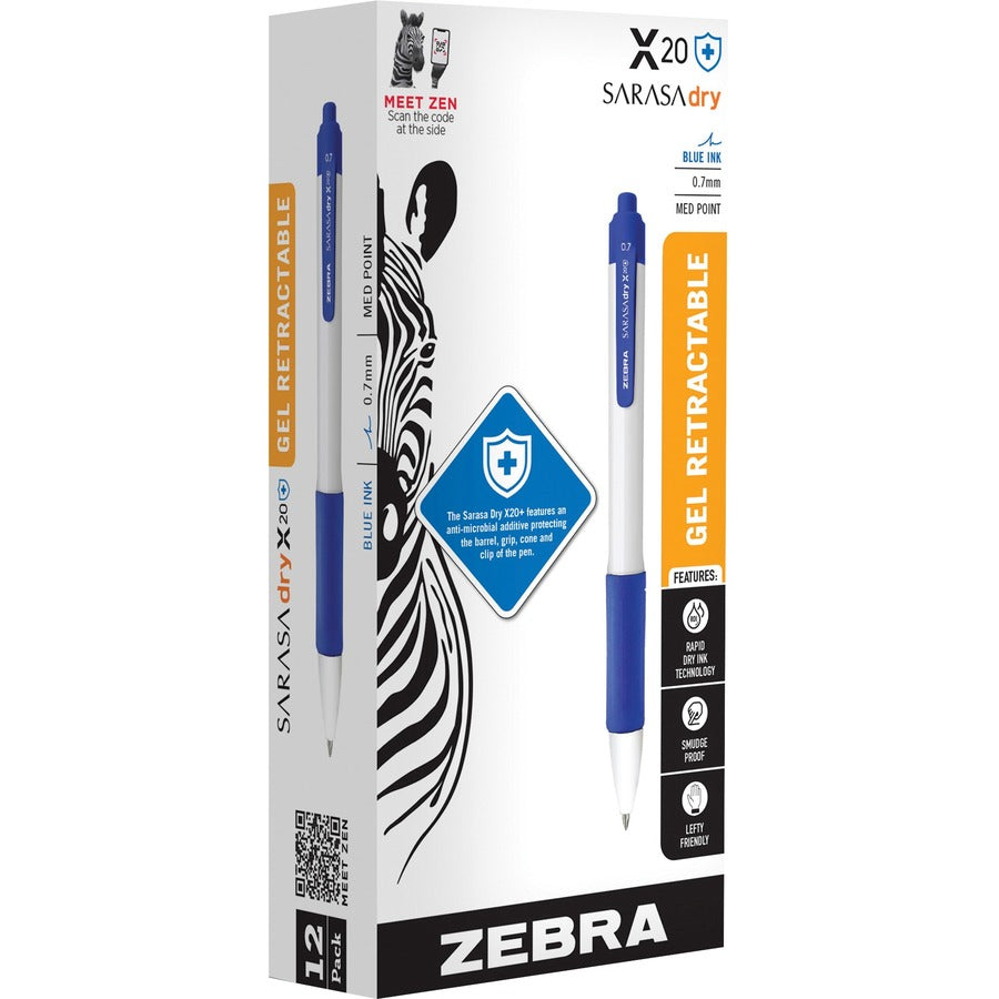 Zebra SARASA dry X20+ Gel Retractable Pen, 0.7 mm Medium Point, Blue Ink, White Plastic Barrel, Soft Latex Grip, Quick-Drying, 1 Dozen