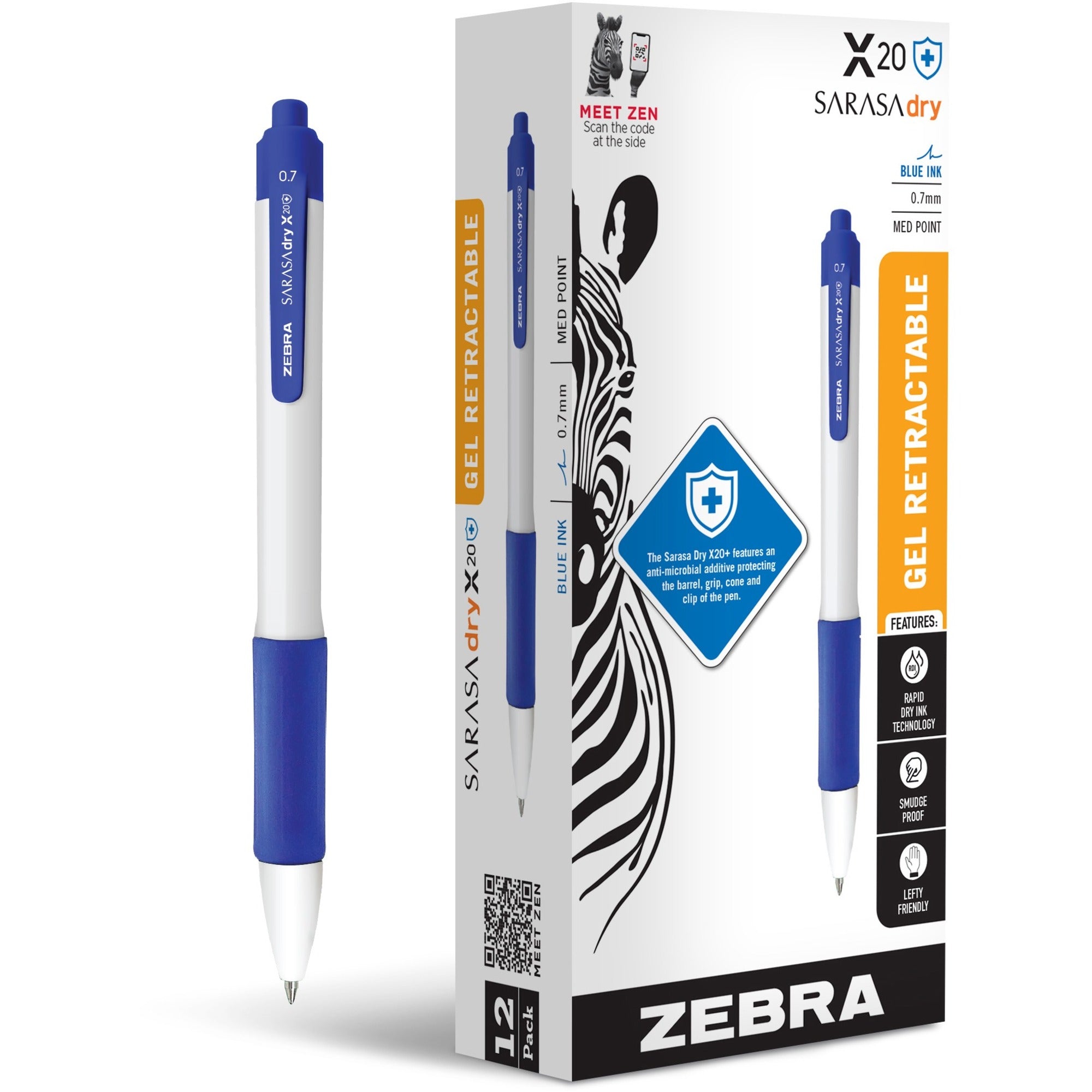 Zebra SARASA dry X20+ Gel Retractable Pen, 0.7 mm Medium Point, Blue Ink, White Plastic Barrel, Soft Latex Grip, Quick-Drying, 1 Dozen