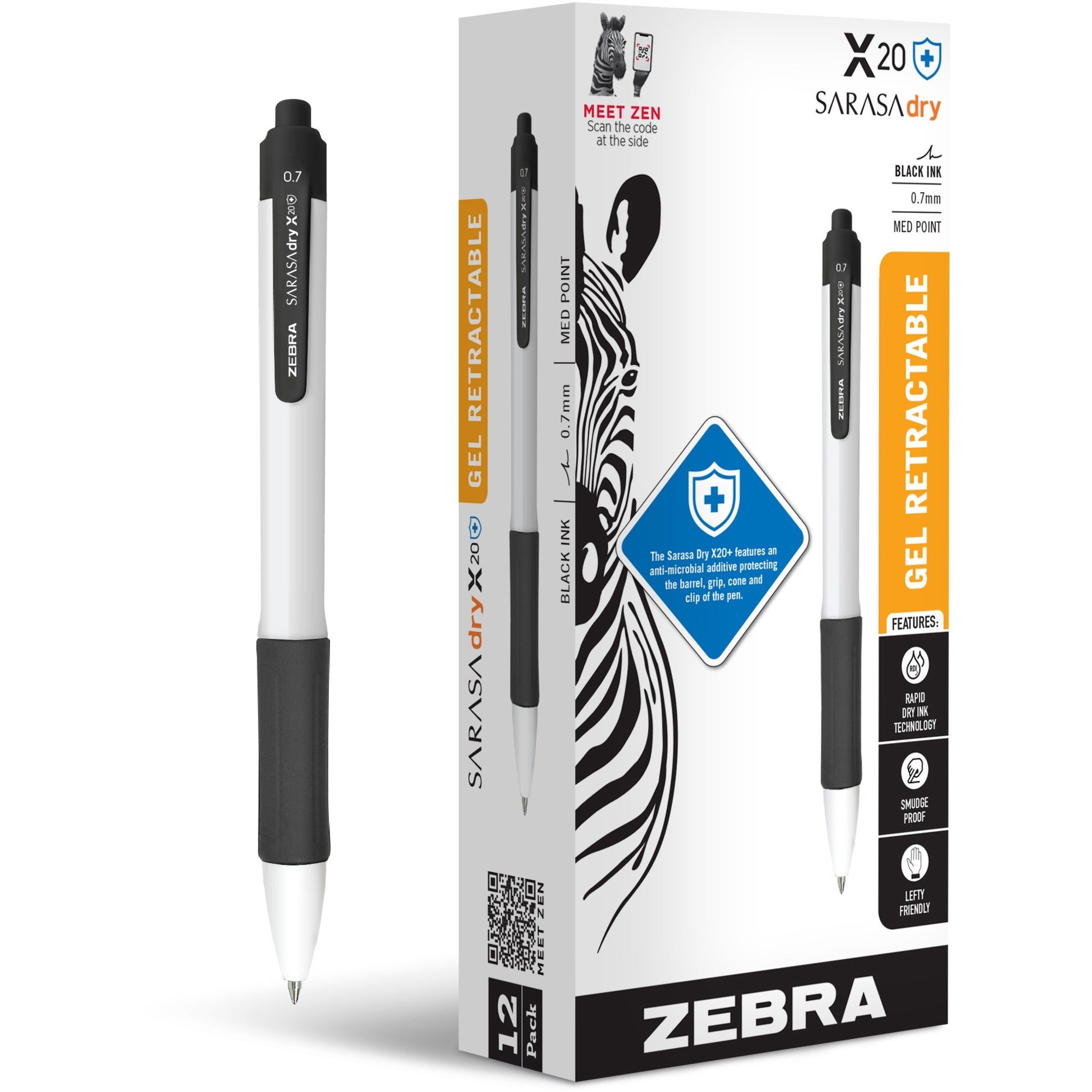 Zebra SARASA dry X20+ Gel Retractable Pen, 0.7 mm Medium Conical Point, Black Ink, White Plastic Barrel, Soft Latex Grip, Quick-Drying, 1 Dozen