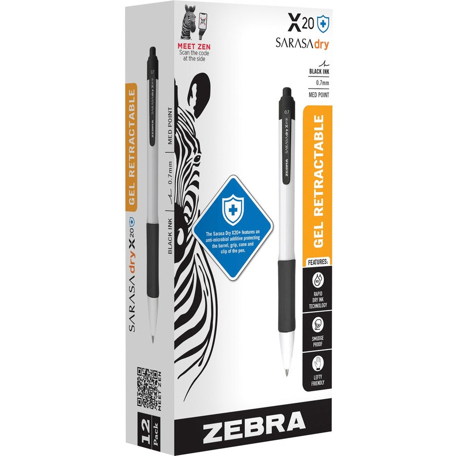 Zebra SARASA dry X20+ Gel Retractable Pen, 0.7 mm Medium Conical Point, Black Ink, White Plastic Barrel, Soft Latex Grip, Quick-Drying, 1 Dozen