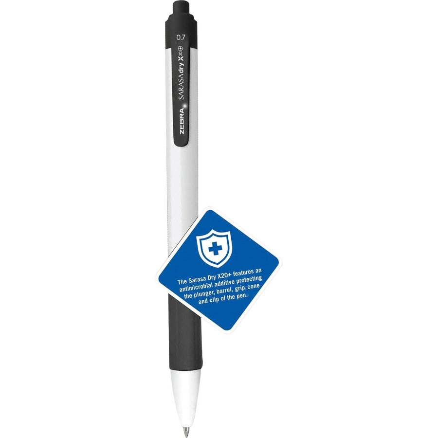 Zebra SARASA dry X20+ Gel Retractable Pen, 0.7 mm Medium Conical Point, Black Ink, White Plastic Barrel, Soft Latex Grip, Quick-Drying, 1 Dozen