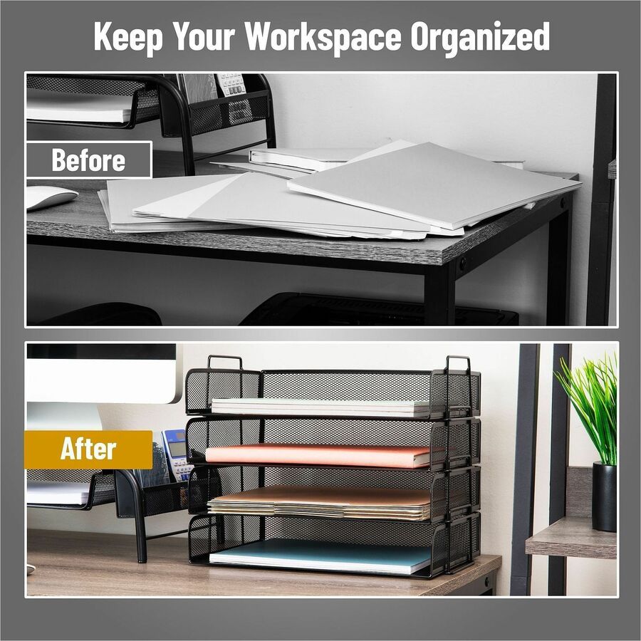 Mind Reader Tiered Stackable Paper Trays, 4 Tiers, 11.25" H x 9.75" W x 13.25" D, Black, Metal Steel Mesh, 1 Each