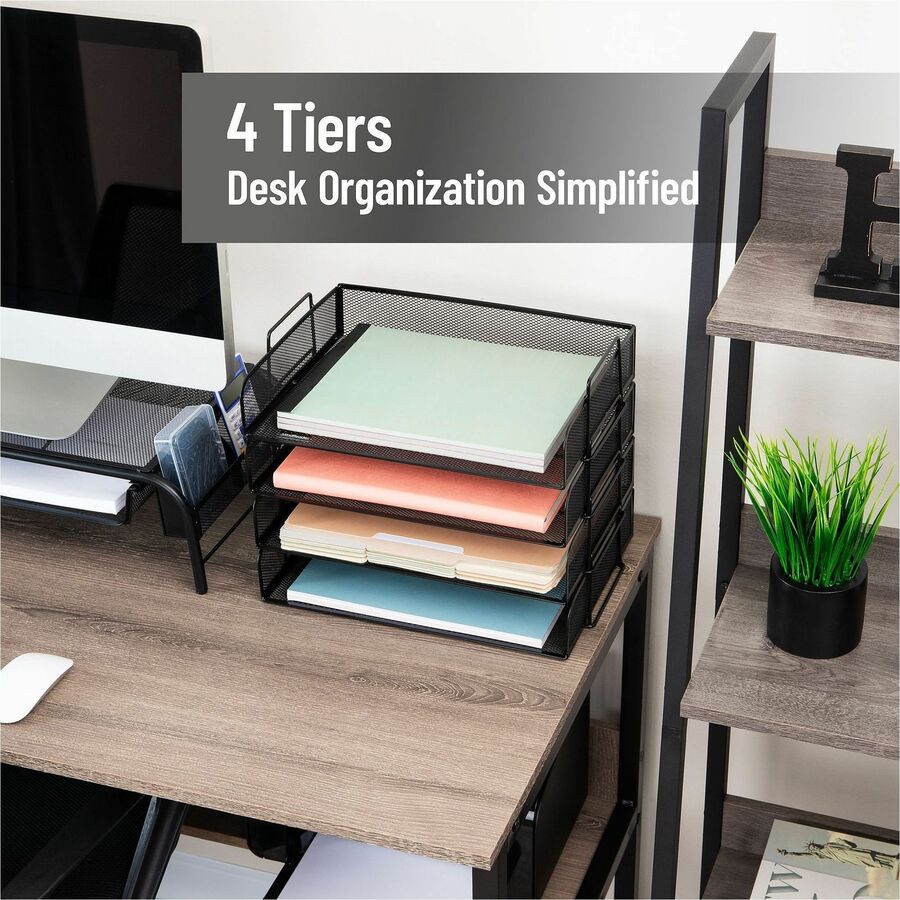 Mind Reader Tiered Stackable Paper Trays, 4 Tiers, 11.25" H x 9.75" W x 13.25" D, Black, Metal Steel Mesh, 1 Each