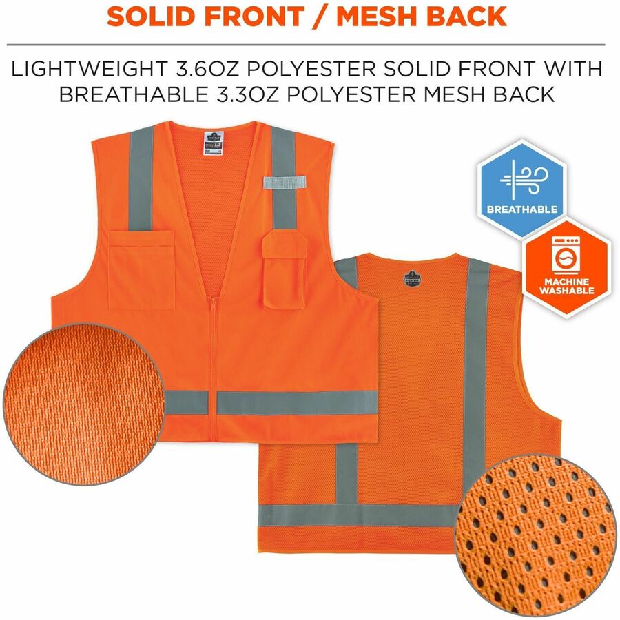 Ergodyne GloWear 8249Z Hi-Vis Surveyors Vest, 5X-Large, Orange, Zipper Closure, 4 Pockets, Polyester/Mesh, Reflective, Lightweight, Breathable, 1 Each
