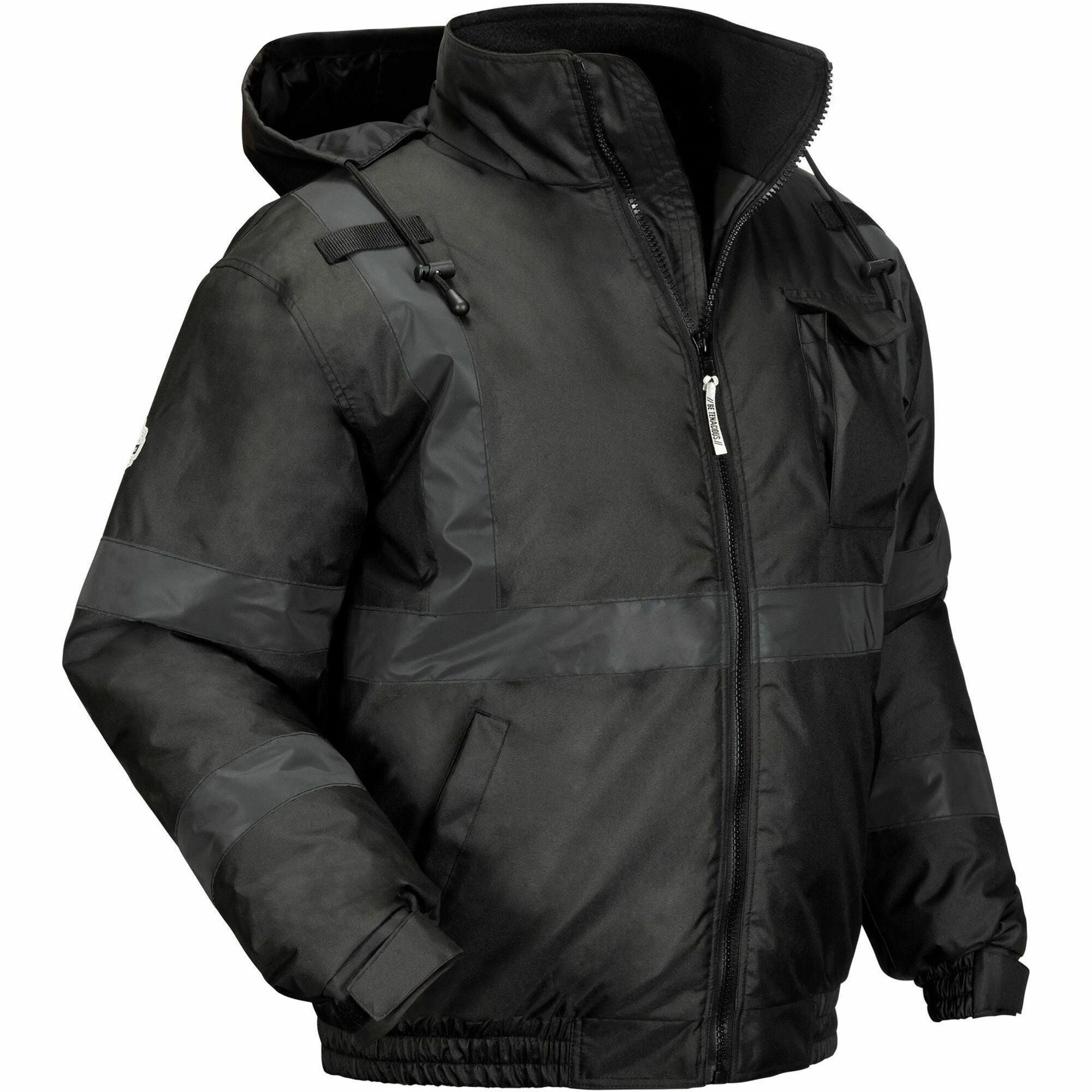 Ergodyne GloWear 8377 Thermal Bomber Hi-Vis Jacket, X-Large, Black, Polyester, Wind & Water Resistant, Insulated, Reflective, Adjustable Hood, 4 Pockets, Hook & Loop Wrist, Zipper Closure, 1 Each