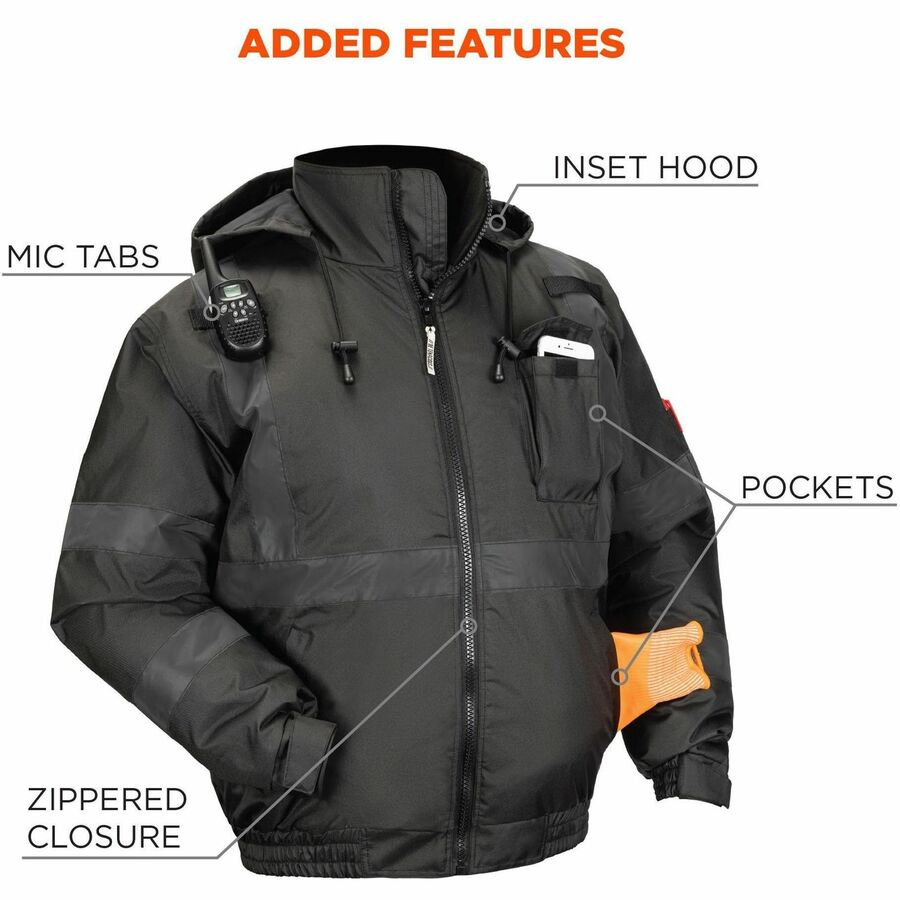 Ergodyne GloWear 8377 Thermal Bomber Hi-Vis Jacket, X-Large, Black, Polyester, Wind & Water Resistant, Insulated, Reflective, Adjustable Hood, 4 Pockets, Hook & Loop Wrist, Zipper Closure, 1 Each