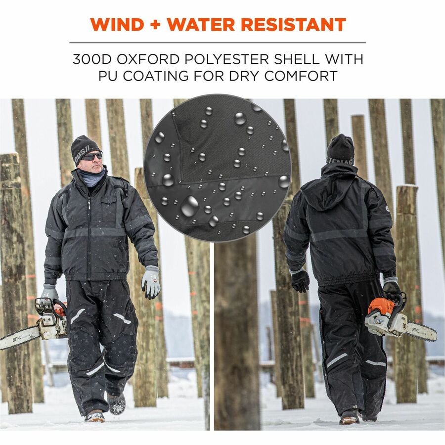 Ergodyne GloWear 8377 Thermal Bomber Hi-Vis Jacket, X-Large, Black, Polyester, Wind & Water Resistant, Insulated, Reflective, Adjustable Hood, 4 Pockets, Hook & Loop Wrist, Zipper Closure, 1 Each