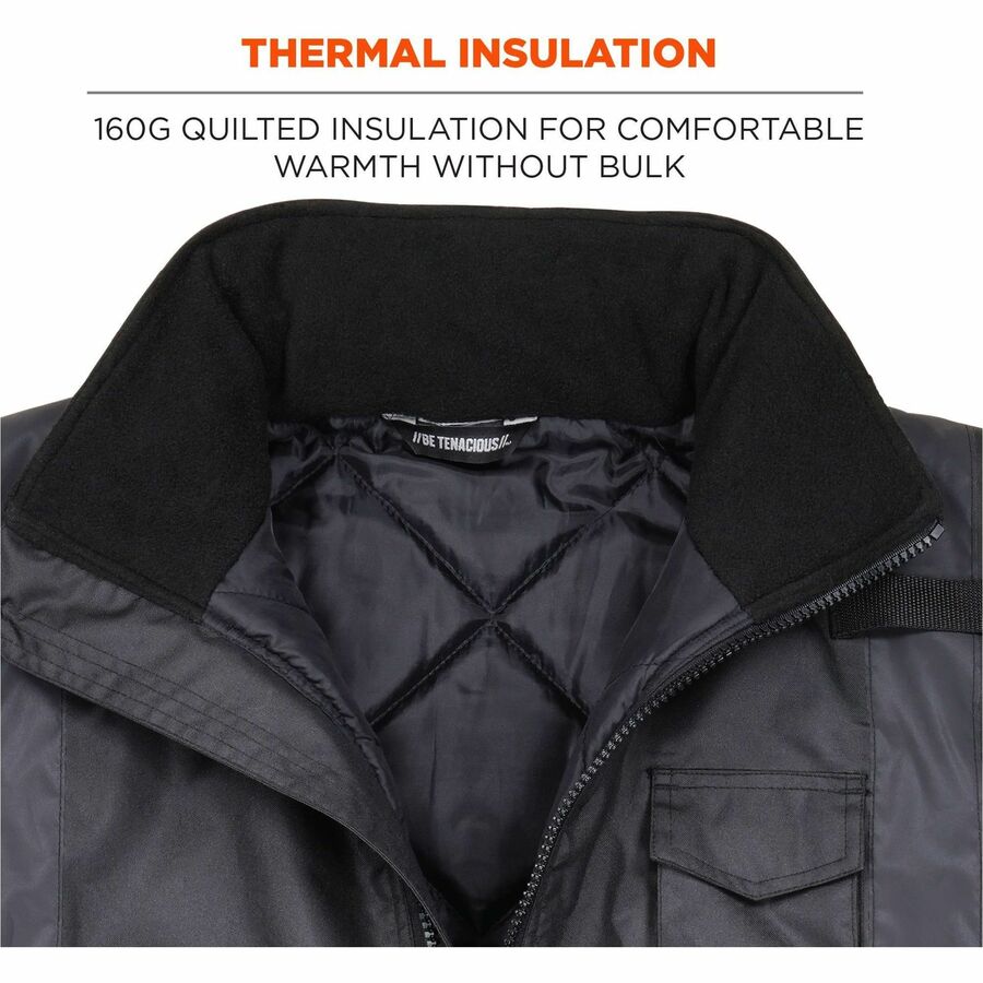 Ergodyne GloWear 8377 Thermal Bomber Hi-Vis Jacket, X-Large, Black, Polyester, Wind & Water Resistant, Insulated, Reflective, Adjustable Hood, 4 Pockets, Hook & Loop Wrist, Zipper Closure, 1 Each