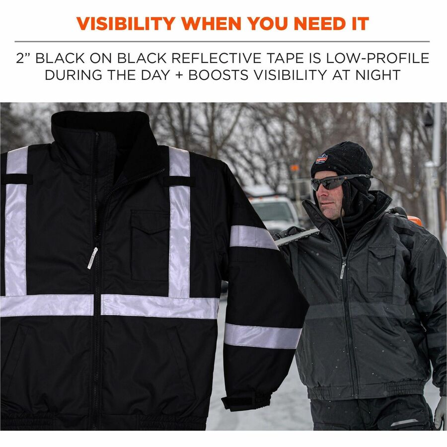 Ergodyne GloWear 8377 Thermal Bomber Hi-Vis Jacket, X-Large, Black, Polyester, Wind & Water Resistant, Insulated, Reflective, Adjustable Hood, 4 Pockets, Hook & Loop Wrist, Zipper Closure, 1 Each