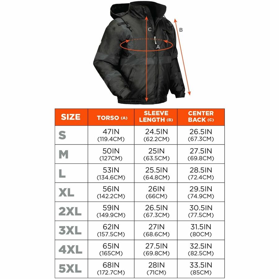 Ergodyne GloWear 8377 Thermal Bomber Hi-Vis Jacket, X-Large, Black, Polyester, Wind & Water Resistant, Insulated, Reflective, Adjustable Hood, 4 Pockets, Hook & Loop Wrist, Zipper Closure, 1 Each