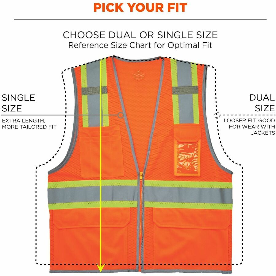 Ergodyne 8246Z 2-Tone High-Visibility Safety Vest, 5-Xtra Large, Zipper Closure, 6 Pockets, Polyester Mesh, Orange, Reflective Piping, Machine Washable, 1 Each