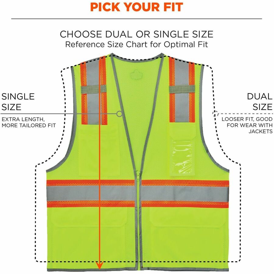 Ergodyne 8246Z 2-Tone High-Visibility Safety Vest, Medium, Zipper Closure, 6 Pockets, Polyester Mesh, Lime, Reflective Piping, Machine Washable, 1 Each