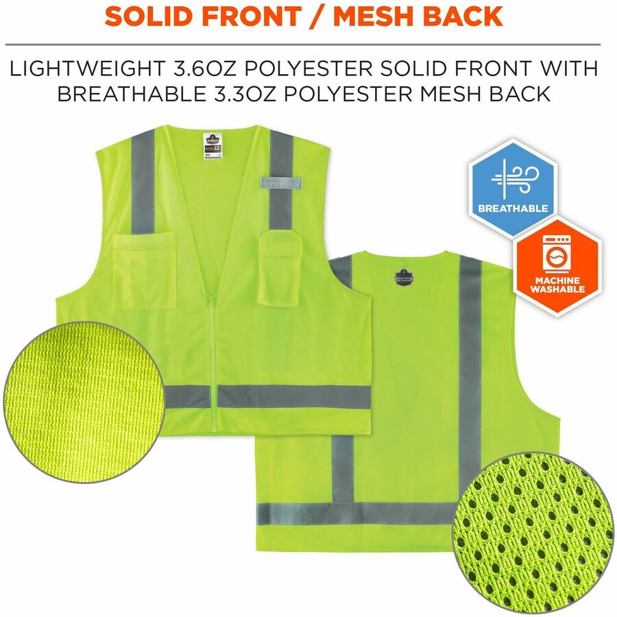 Ergodyne GloWear 8249Z Hi-Vis Surveyors Vest, 2XL, Lime, Zipper Closure, 4 Pockets, Polyester/Mesh, Reflective, Lightweight, Breathable, 1 Each