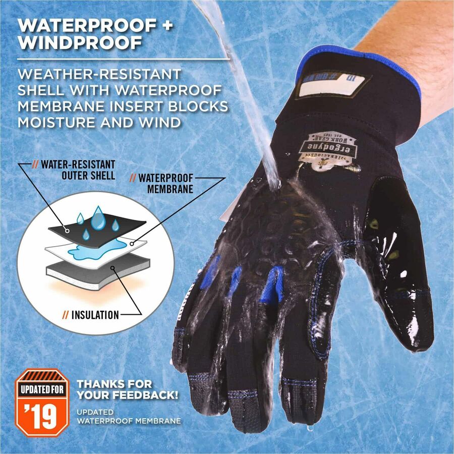 Ergodyne ProFlex 818WP Thermal Waterproof Work Gloves, Large, Black, 5" Length, Touchscreen Capable, Machine Washable, Windproof, Breathable, Reinforced Fingertip, 2 Pairs