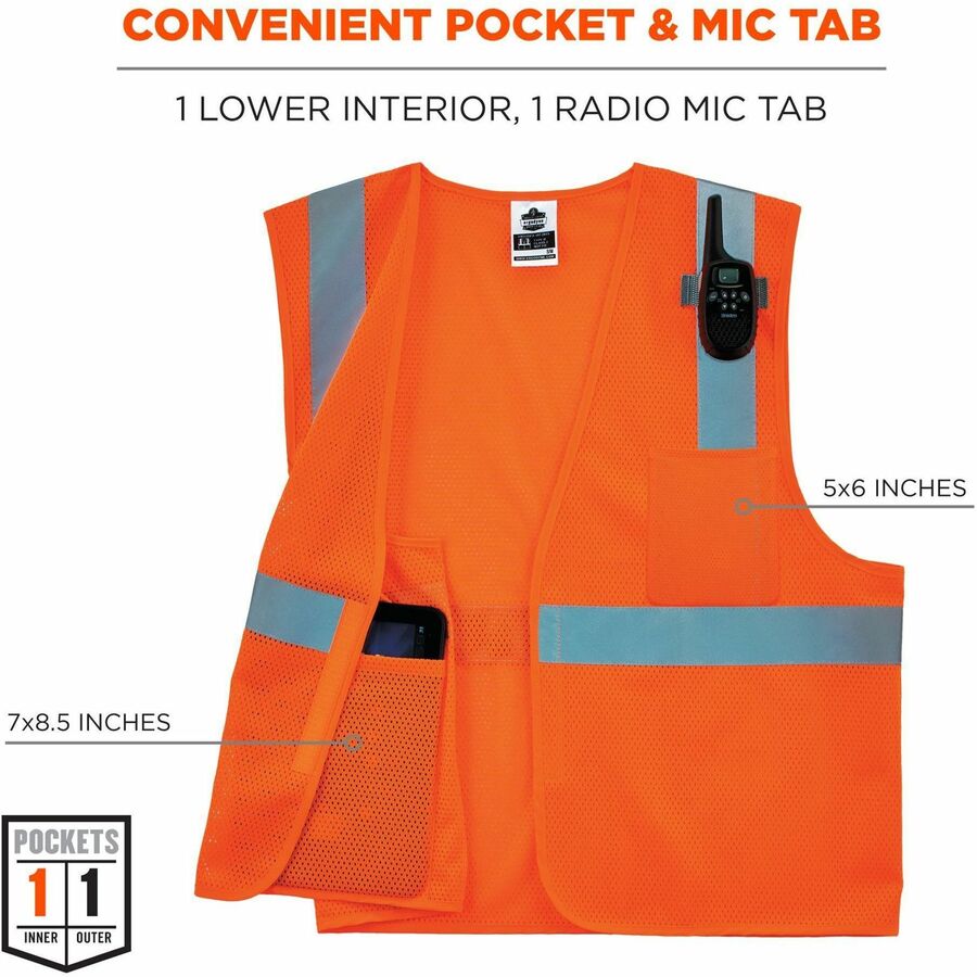 Ergodyne GloWear 8210HL Mesh Hi-Vis Safety Vest, Medium, Orange, ANSI Type R/Class 2, Hook & Loop Closure, 2 Pockets, Polyester Mesh, Reflective, Lightweight, Breathable, Machine Washable, 1 Each