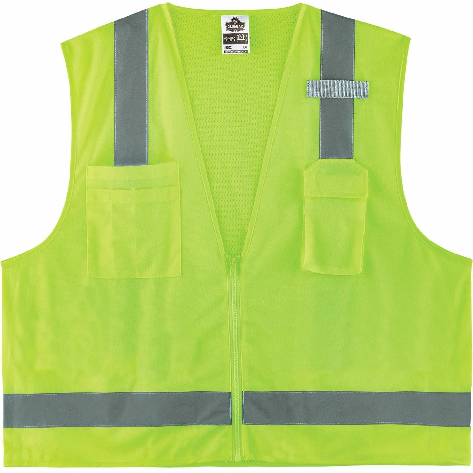 Ergodyne GloWear 8249Z Hi-Vis Surveyors Vest, X-Large, Lime, Zipper Closure, 4 Pockets, Polyester, Mesh Back, Reflective, Lightweight, Breathable, Machine Washable, 1 Each