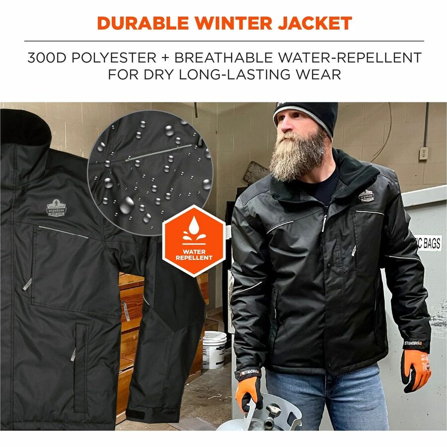 Ergodyne N-Ferno 6467 Winter Work Jacket, 4-Xtra Large, Black, Polyester, 5 Pockets, Snap/Zipper Closure, Hook & Loop Wrist, Detachable Drawstring Hood, Water & Wind Resistant, Insulated, 1 Each