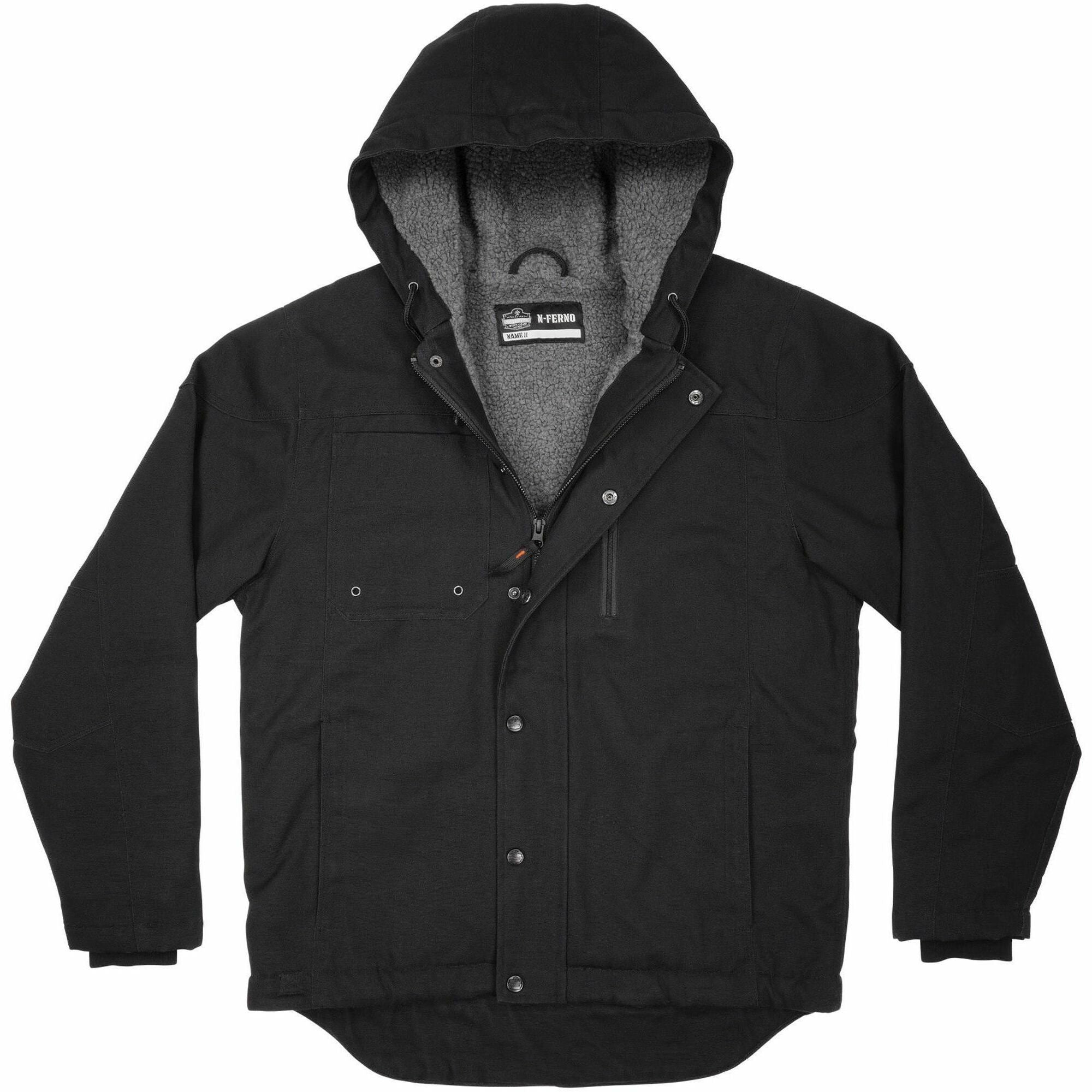Ergodyne N-Ferno 6468 Heavy-Duty Canvas Jacket, Medium, Black, 6 Pockets, Snap/Zipper Closure, Fleece/Cotton/Polyester, Adjustable Drawstring Hood & Waist, Insulated, 1 Each