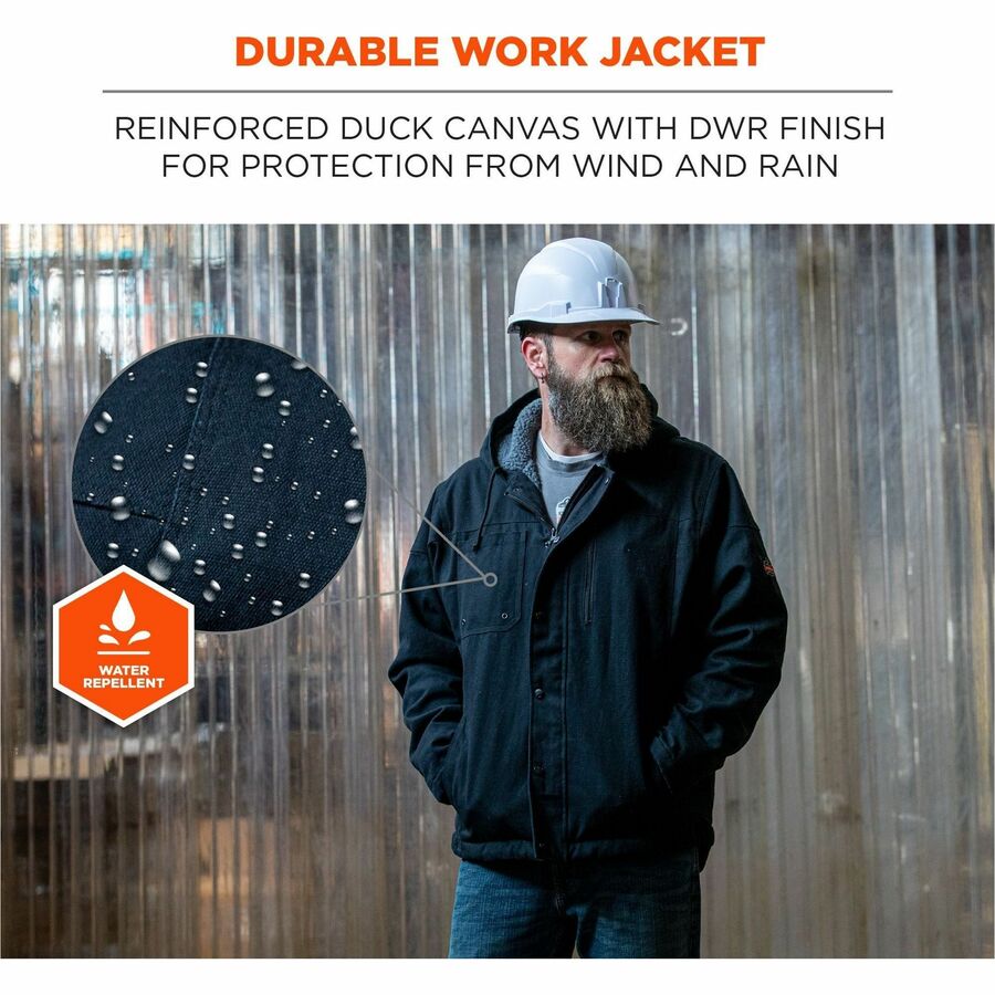 Ergodyne N-Ferno 6468 Heavy-Duty Canvas Jacket, Medium, Black, 6 Pockets, Snap/Zipper Closure, Fleece/Cotton/Polyester, Adjustable Drawstring Hood & Waist, Insulated, 1 Each