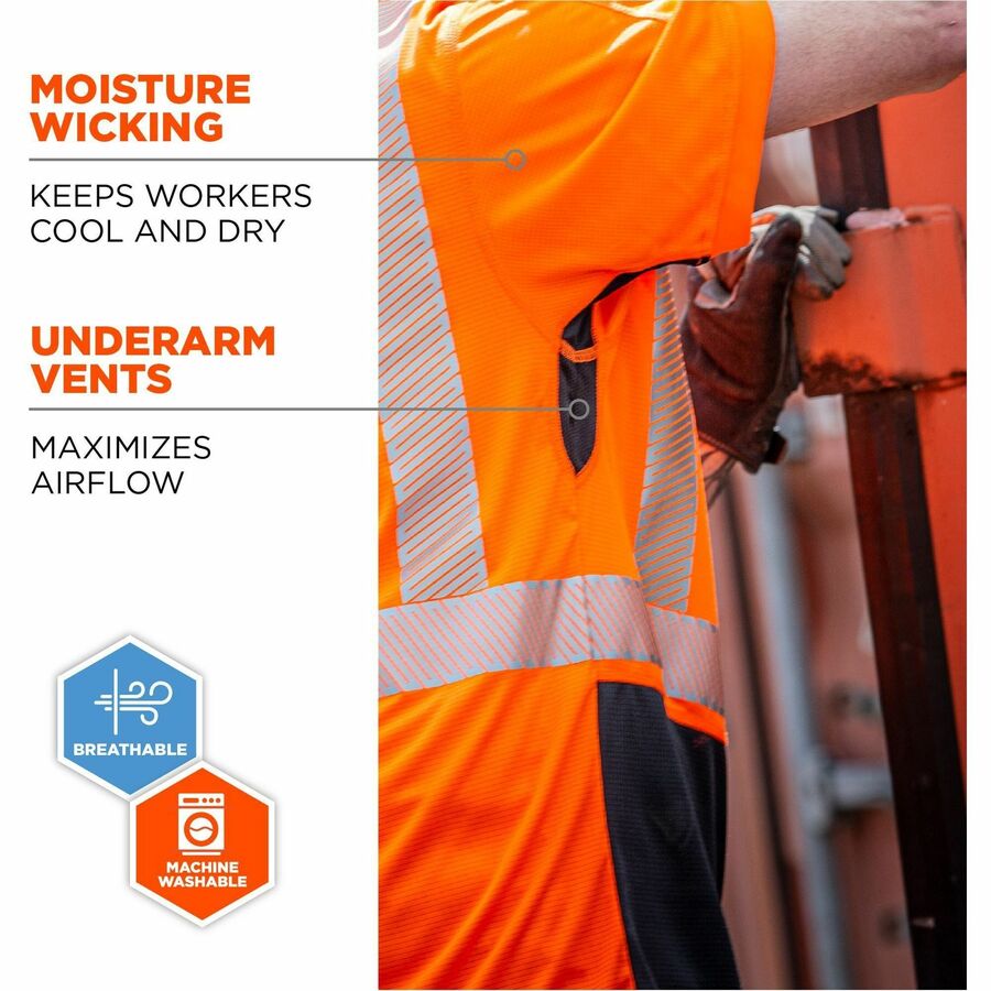 Ergodyne 8283BK Lightweight Hi-Vis T-Shirt, Large, Black/Orange, 100% Polyester, 1 Each