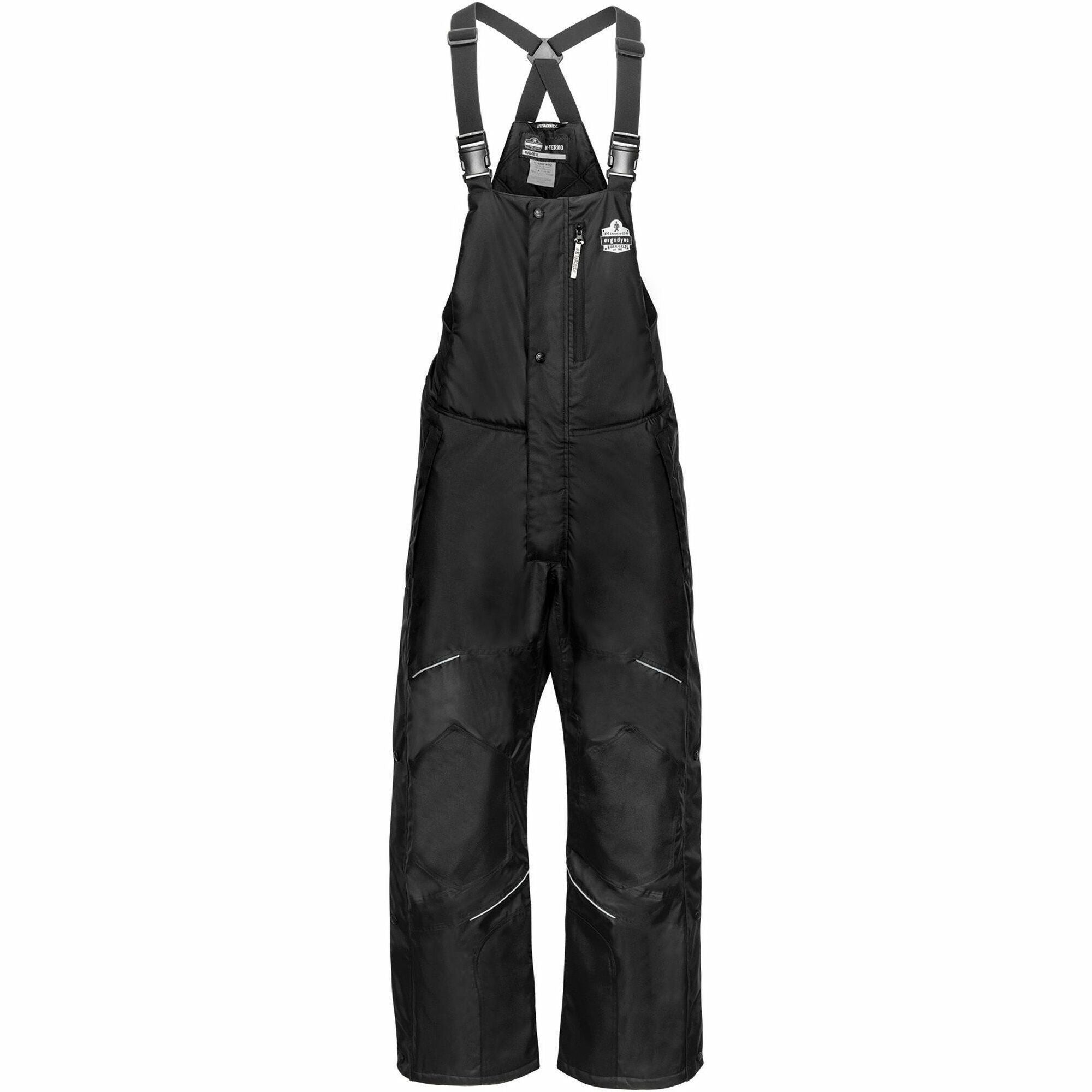 Ergodyne 6472 Insulated Bib Overalls, XX-Large, Black, 300D Oxford Polyester, Polyester, 1 Each, 3 Pockets, 33" Inseam, 48" Waist, Reinforced Knees, Reflective Accents, Machine Washable