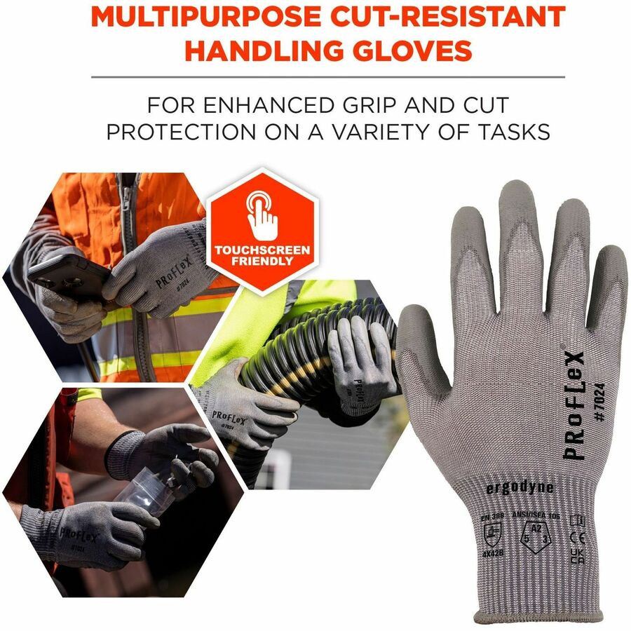 Ergodyne ProFlex 7024 PU-Coated Cut-Resistant Gloves, Large, Gray, HPPE/Nylon Spandex, Polyurethane Palm, Touchscreen Capable, Machine Washable, 2 Pairs per Pack